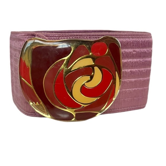 Vintage 80s Charmant Pink Sateen Elastic Stretch Cinch Belt w/Enamel Buckle MCM - Picture 1 of 8